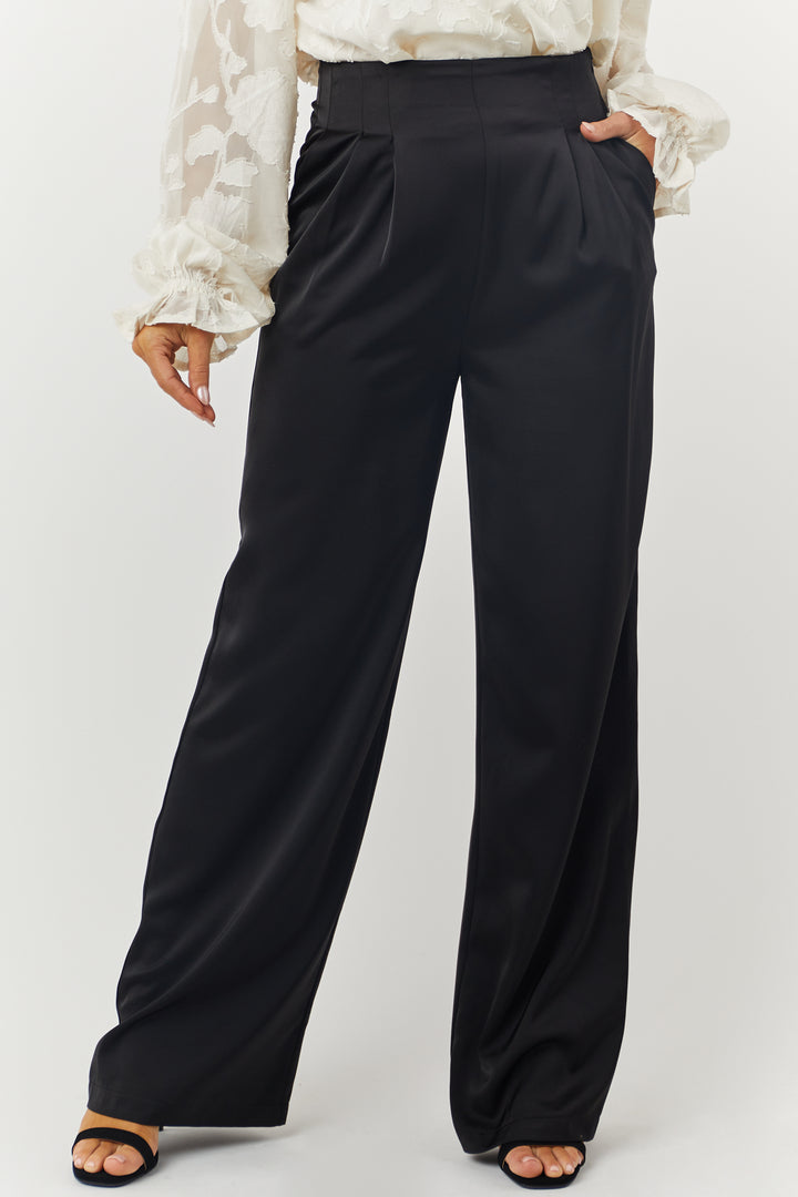 Black Satin High Waisted Wide Leg Pants with Pockets