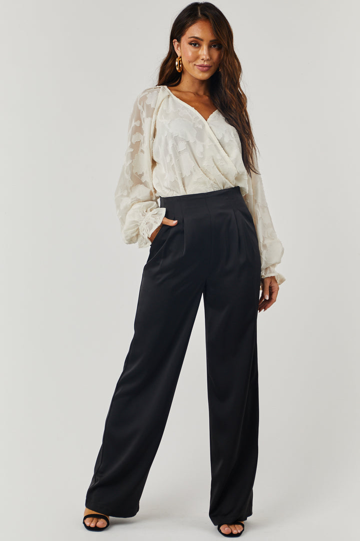 Black Satin High Waisted Wide Leg Pants with Pockets