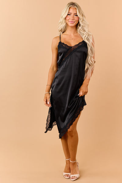 Black Satin Lace Trim Side Slit Midi Slip Dress