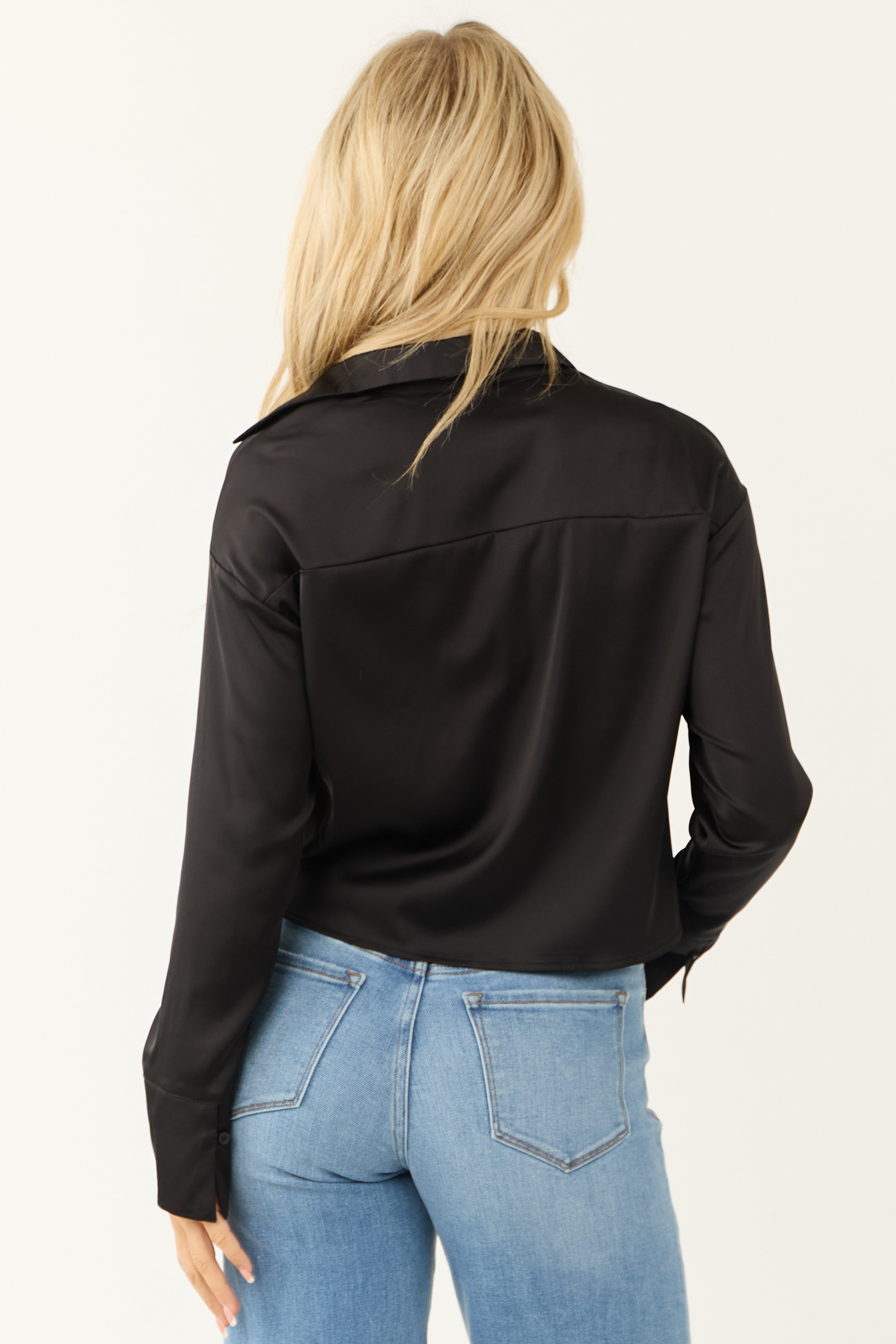 Black Satin Long Sleeve Button Down Top