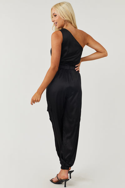 Black Satin One Shoulder Cargo Jogger Jumpsuit