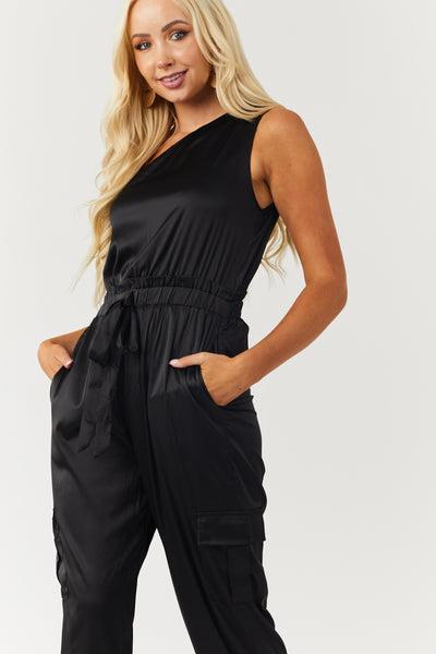 Black Satin One Shoulder Cargo Jogger Jumpsuit