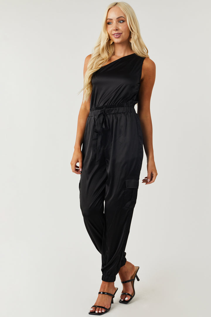Black Satin One Shoulder Cargo Jogger Jumpsuit