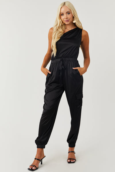 Black Satin One Shoulder Cargo Jogger Jumpsuit