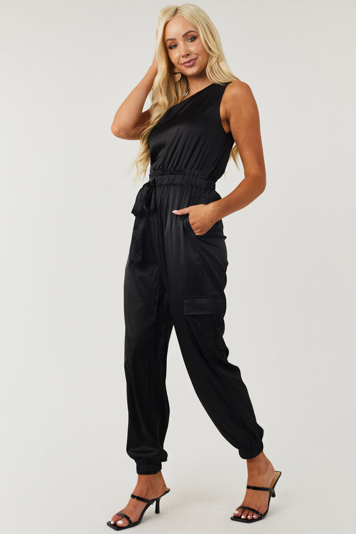 Black Satin One Shoulder Cargo Jogger Jumpsuit