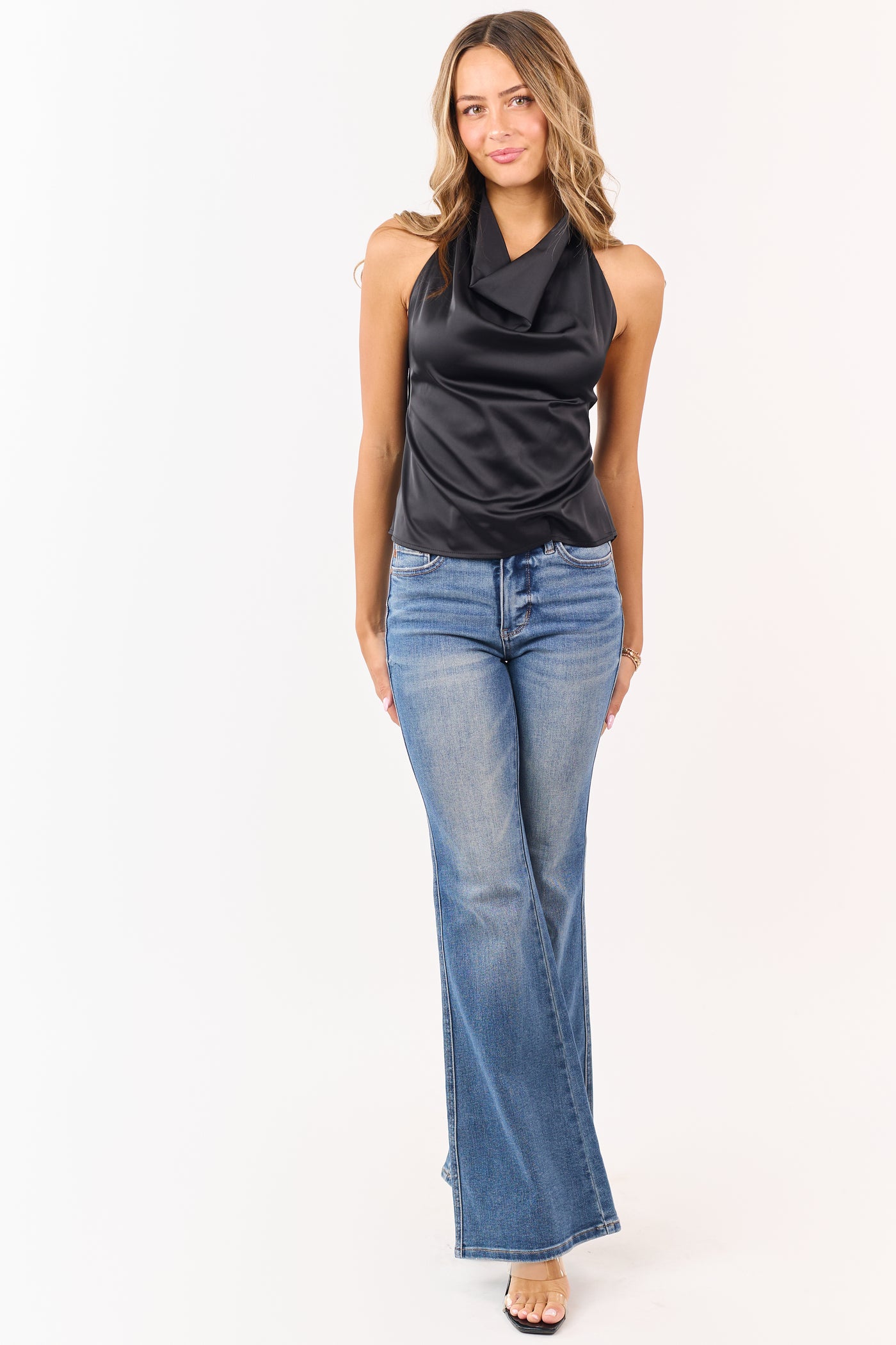 Black Satin Open Back Halter Top