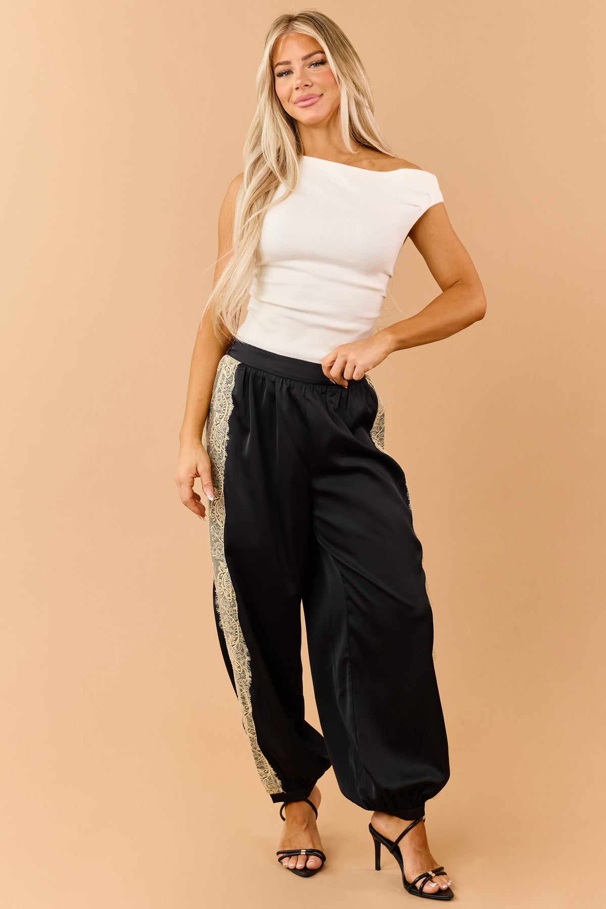 Black Satin Side Lace Balloon Leg Pants