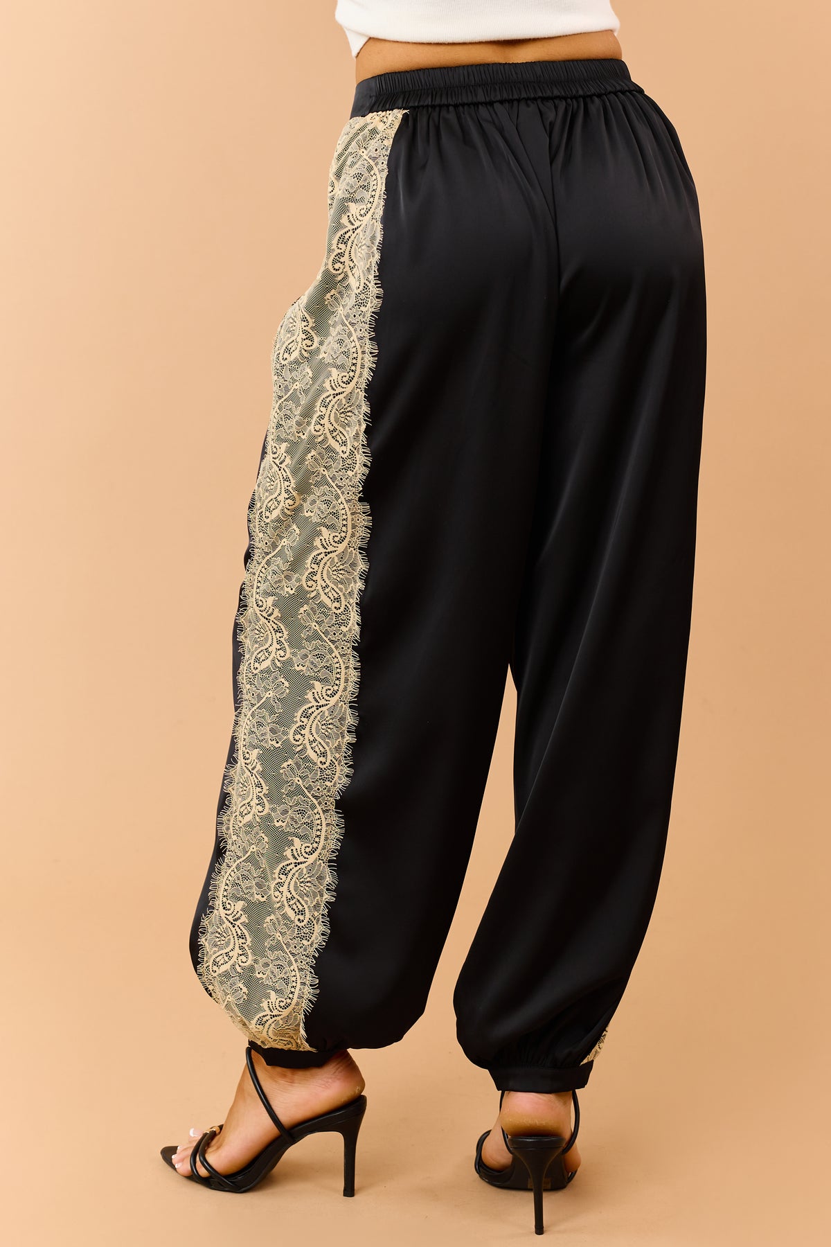 Black Satin Side Lace Balloon Leg Pants