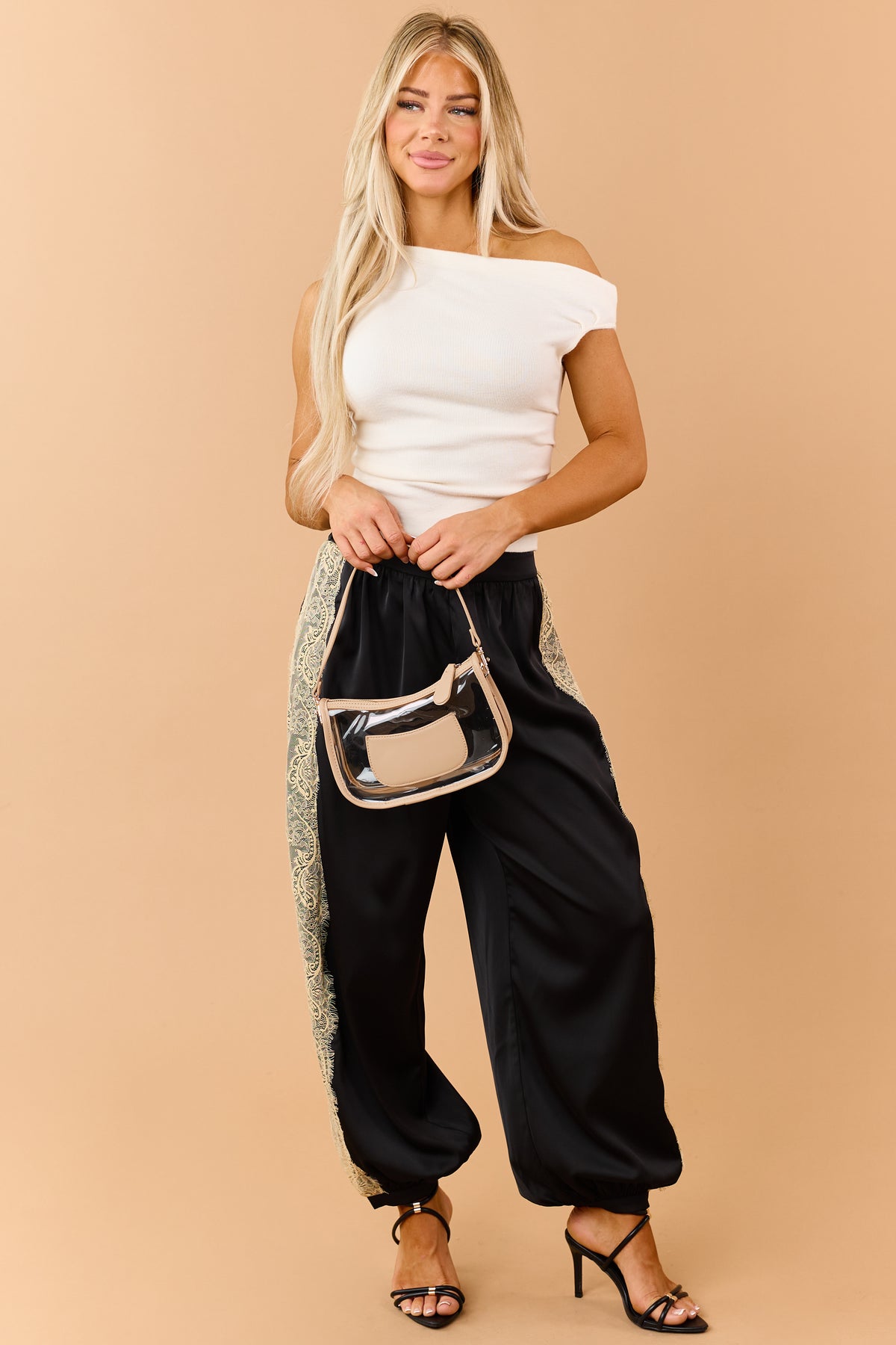 Black Satin Side Lace Balloon Leg Pants