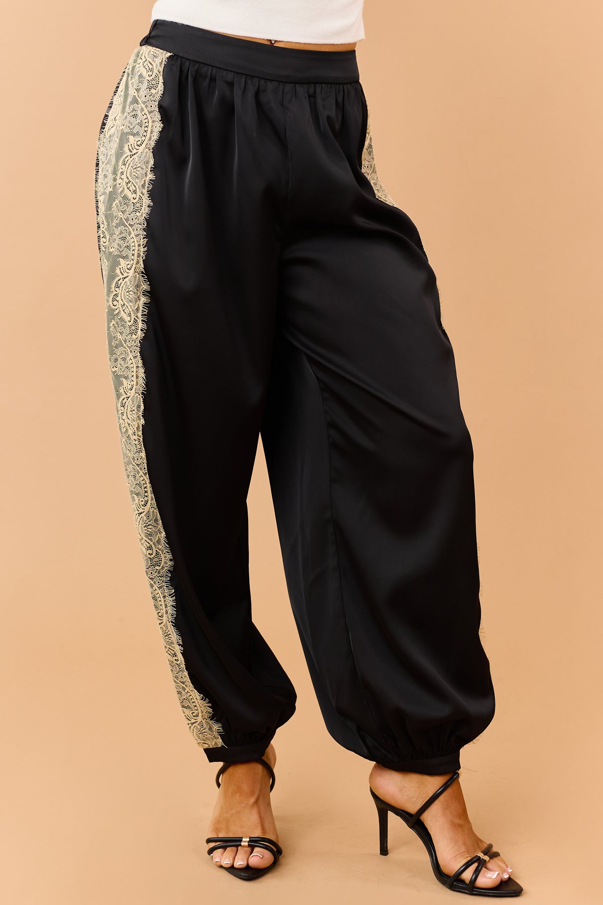 Black Satin Side Lace Balloon Leg Pants