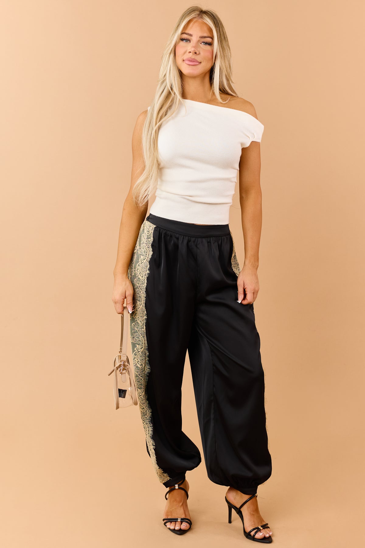 Black Satin Side Lace Balloon Leg Pants