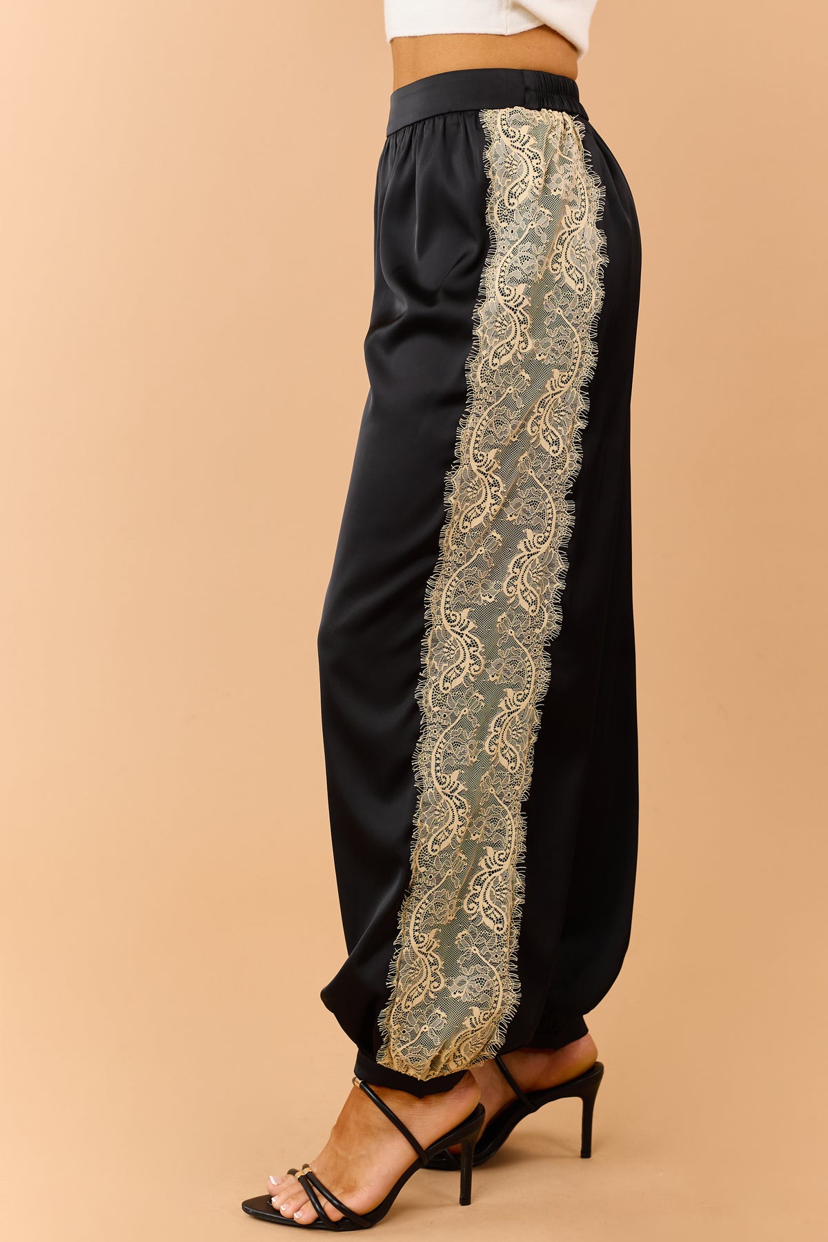 Black Satin Side Lace Balloon Leg Pants