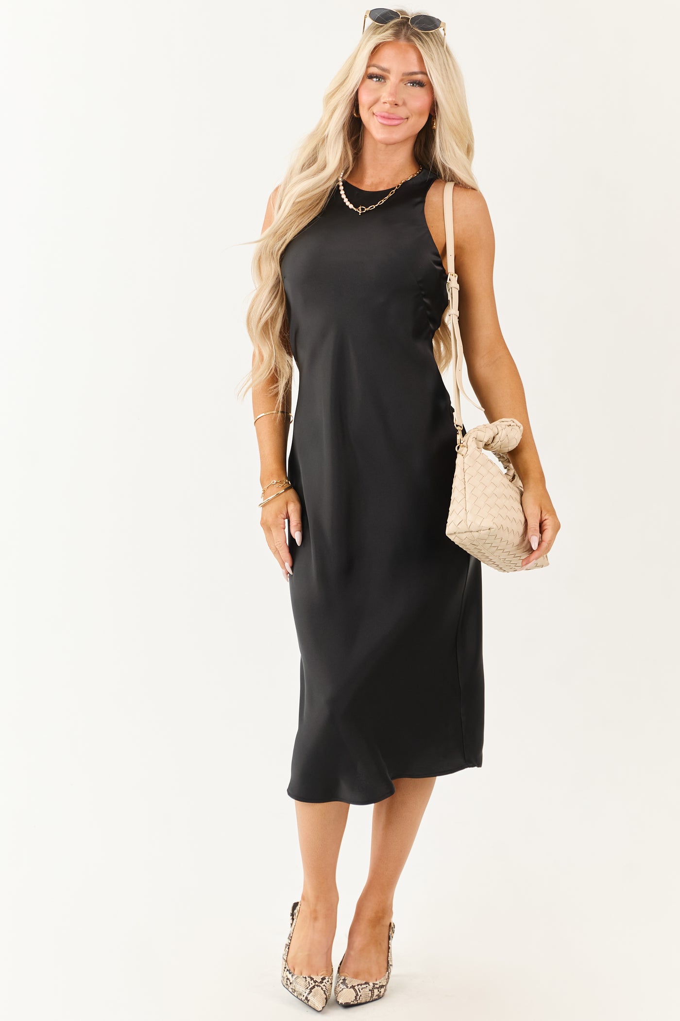 Black Satin Sleeveless Midi Slip Dress Black Satin Sleeveless Midi Slip Dress