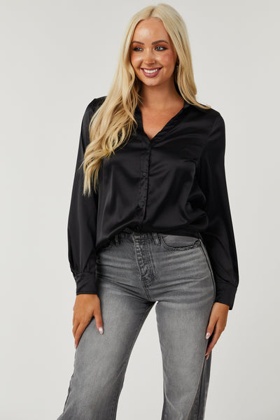 Black Satin V Neck Button Down Blouse