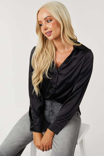 Black Satin V Neck Button Down Blouse