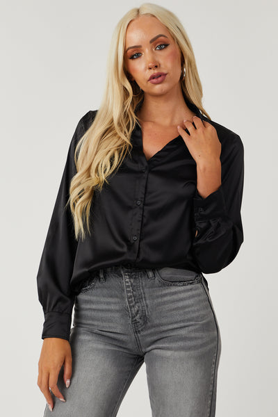 Black Satin V Neck Button Down Blouse