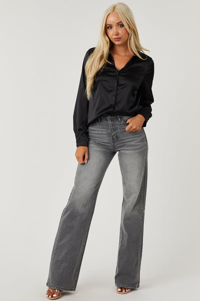 Black Satin V Neck Button Down Blouse