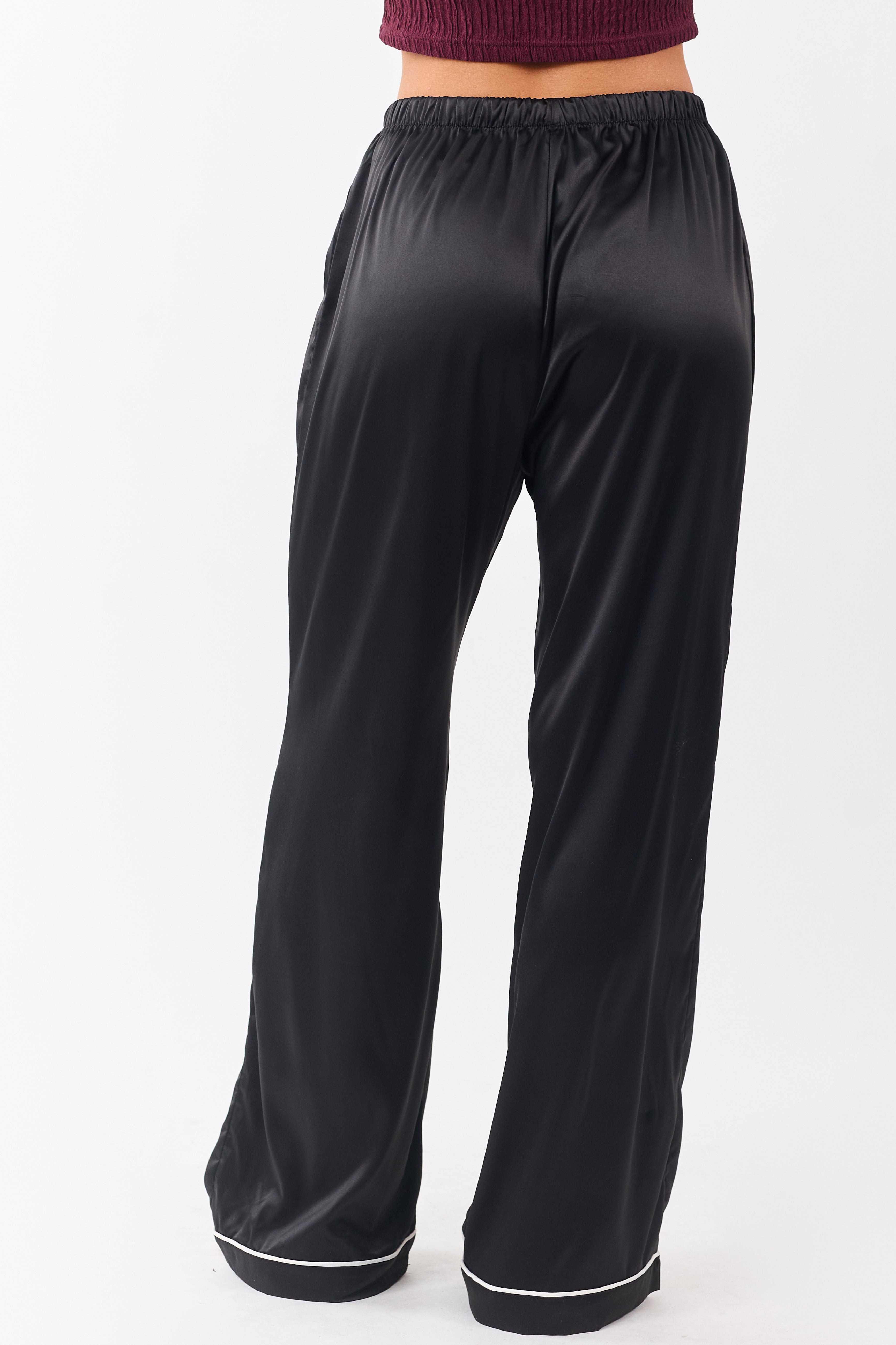 Black Satin Wide Leg Drawstring Pajama Pants