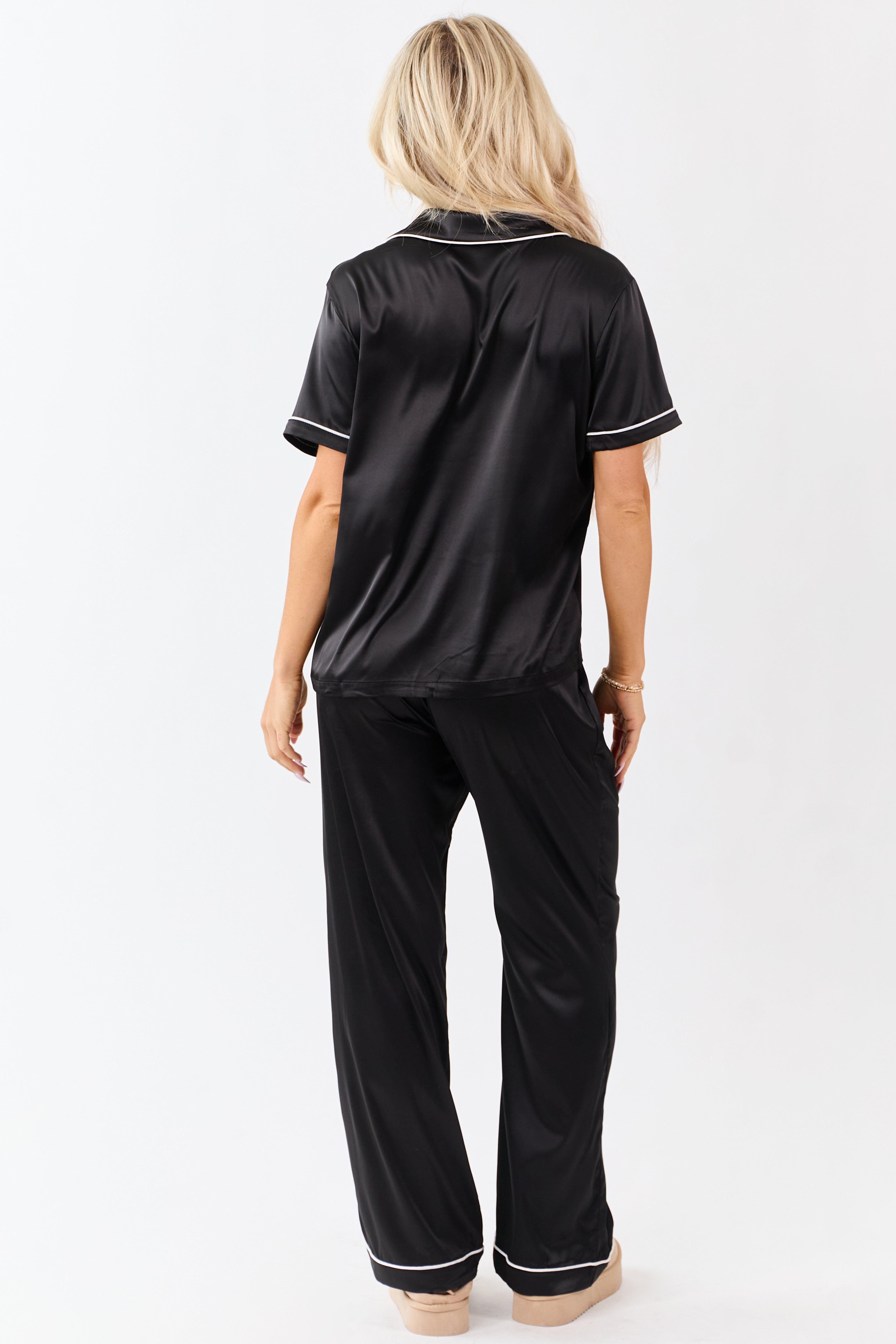 Black Satin Wide Leg Drawstring Pajama Pants