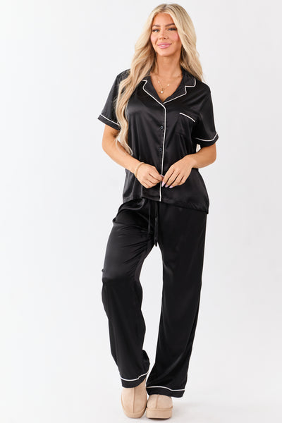 Black Satin Wide Leg Drawstring Pajama Pants
