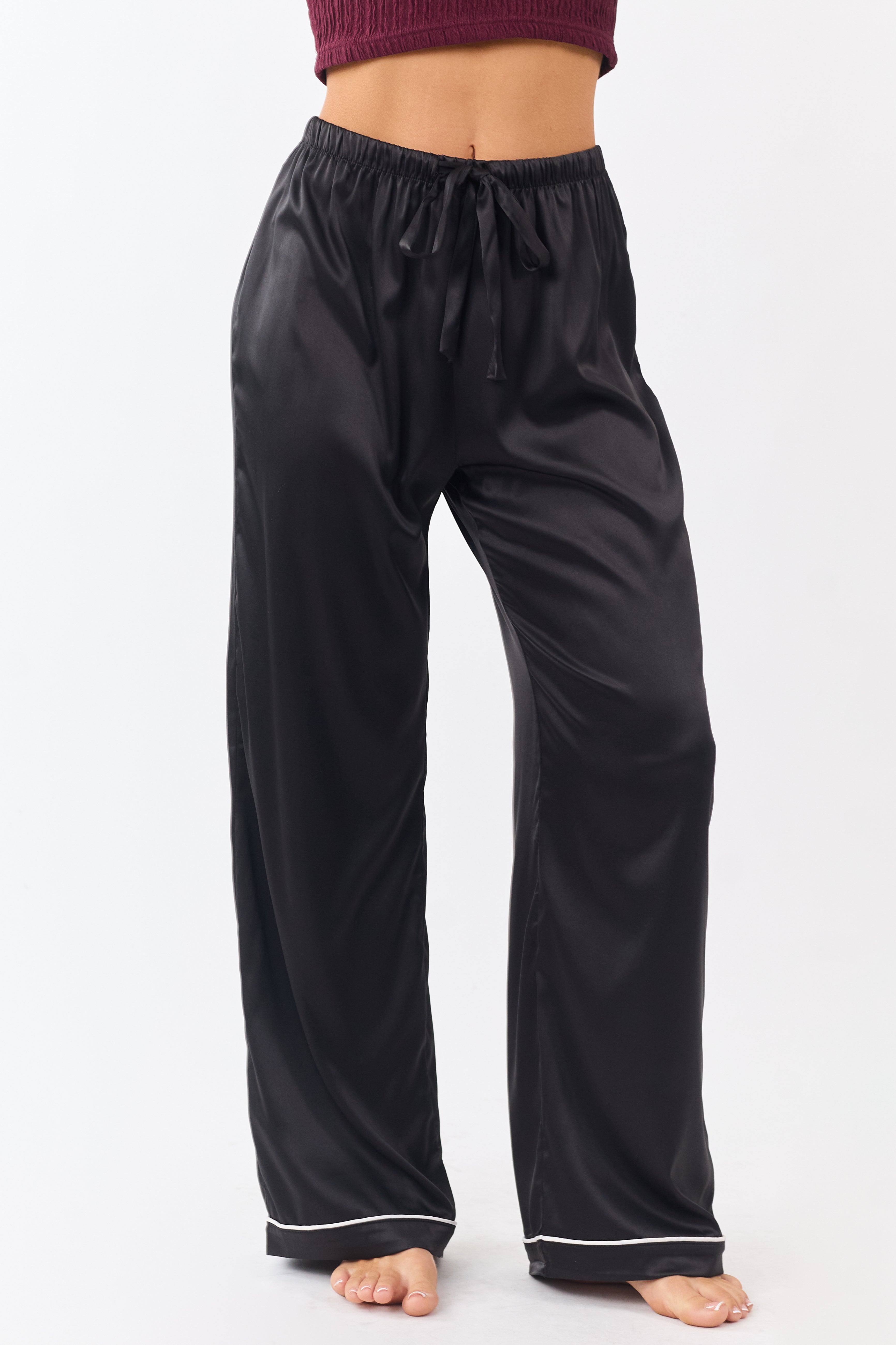Black Satin Wide Leg Drawstring Pajama Pants | Lime Lush Boutique
