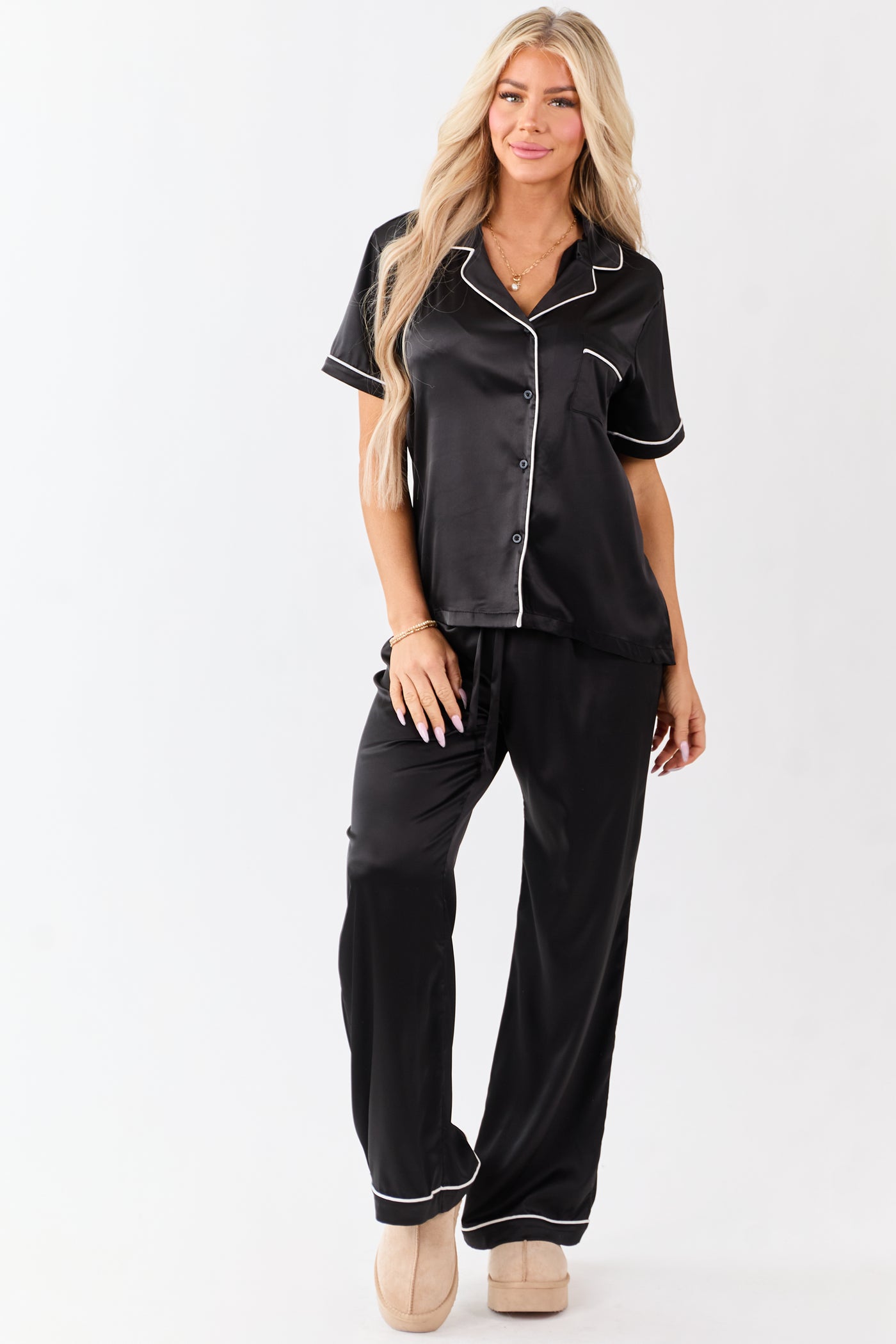Black Satin Wide Leg Drawstring Pajama Pants