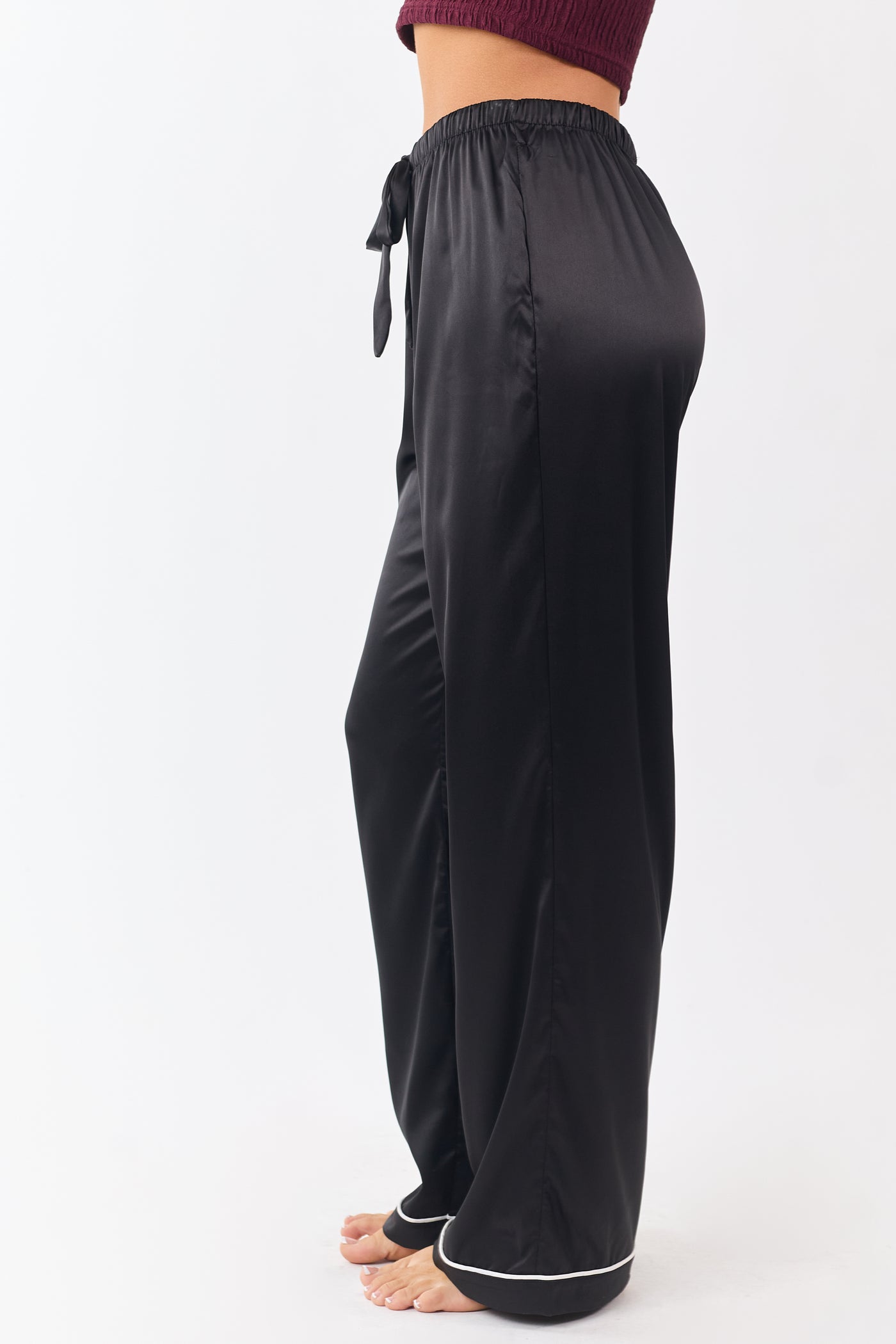Black Satin Wide Leg Drawstring Pajama Pants