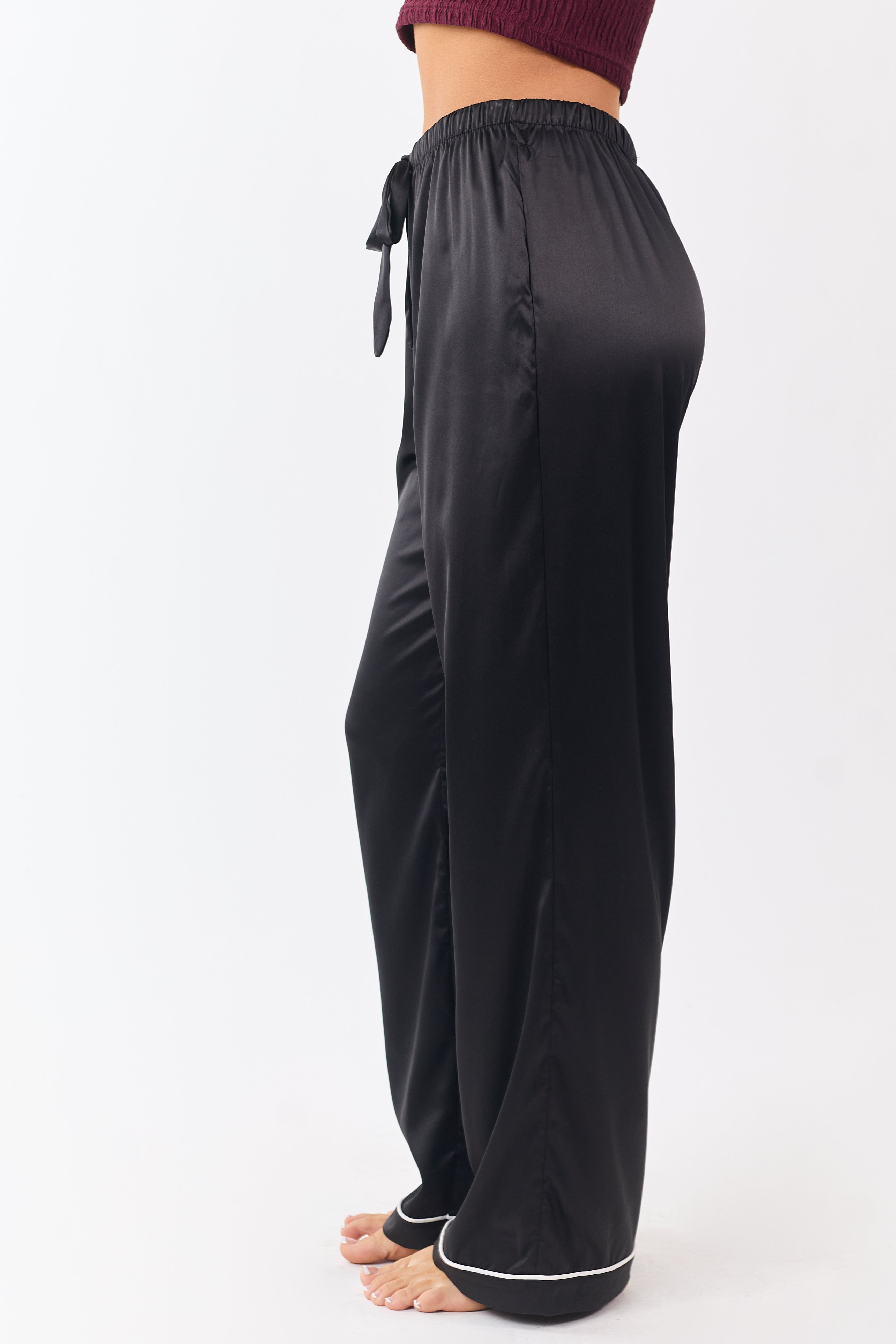 Black Satin Wide Leg Drawstring Pajama Pants