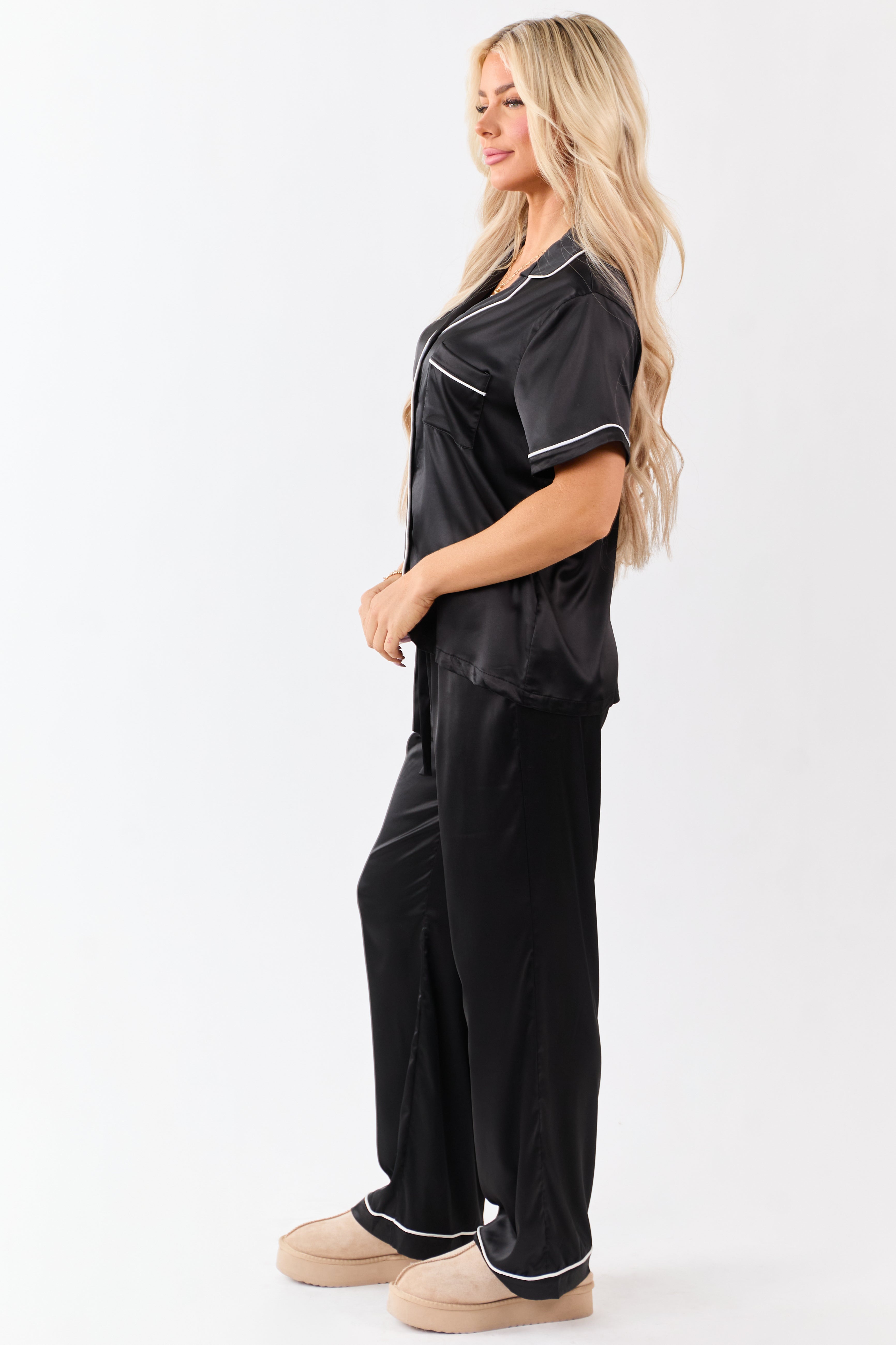 Black Satin Wide Leg Drawstring Pajama Pants