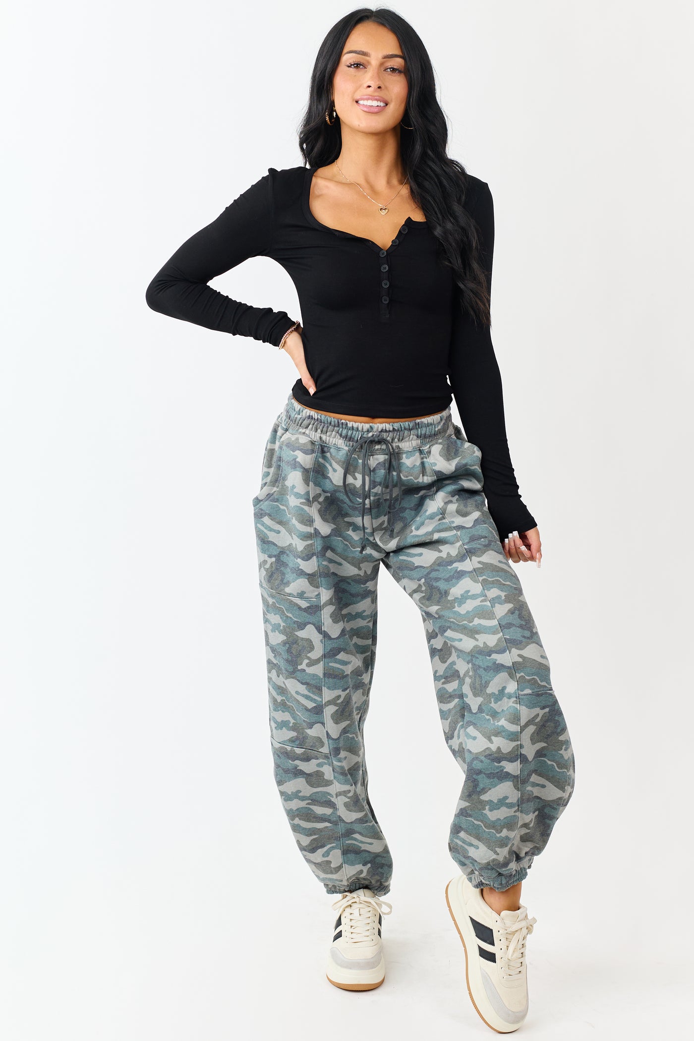 Black Scoop Neck Long Sleeve Henley Top