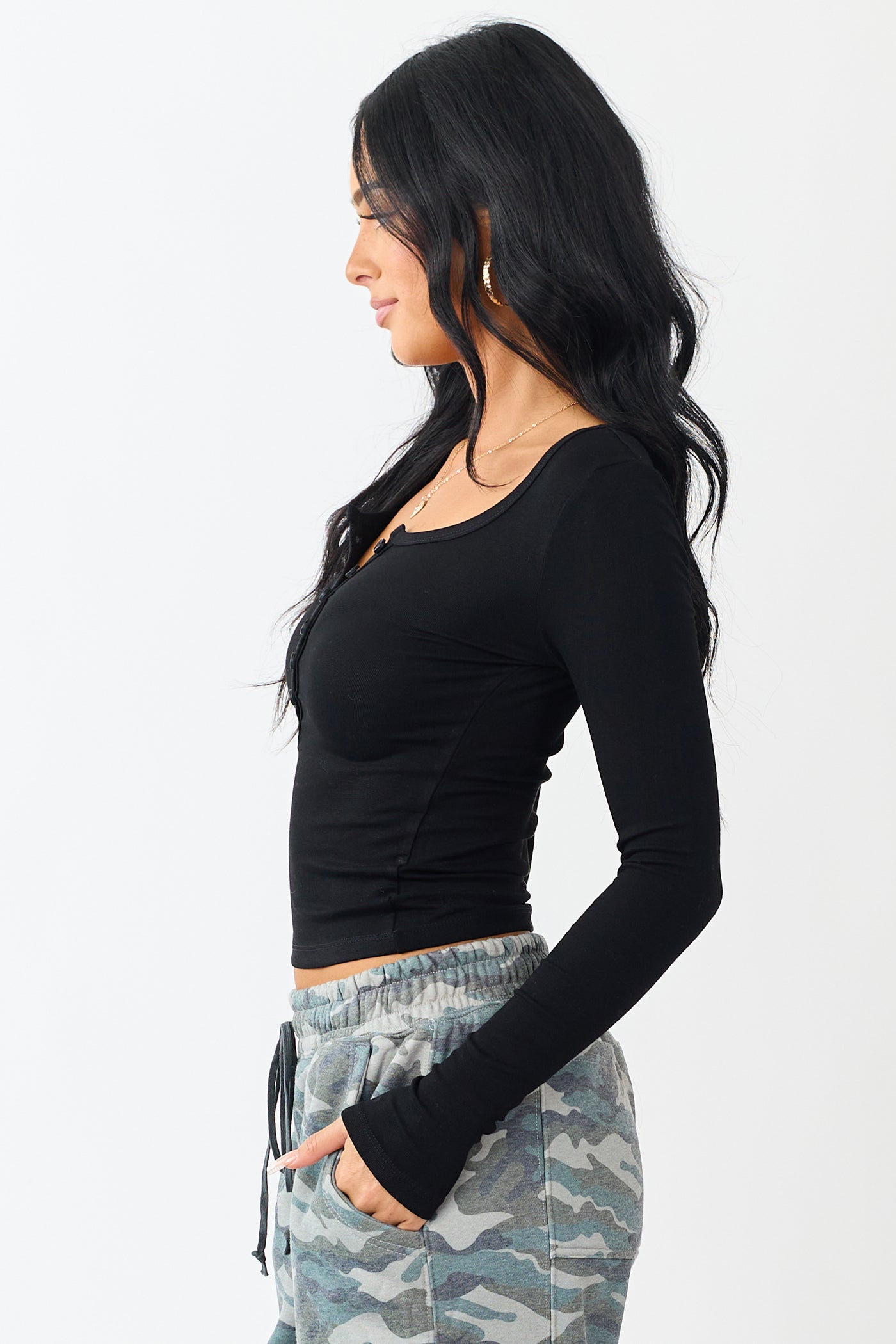 Black Scoop Neck Long Sleeve Henley Top