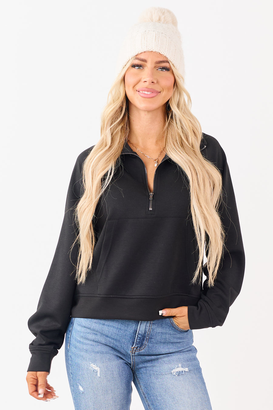 Black Scuba Knit Pullover Sweatshirt