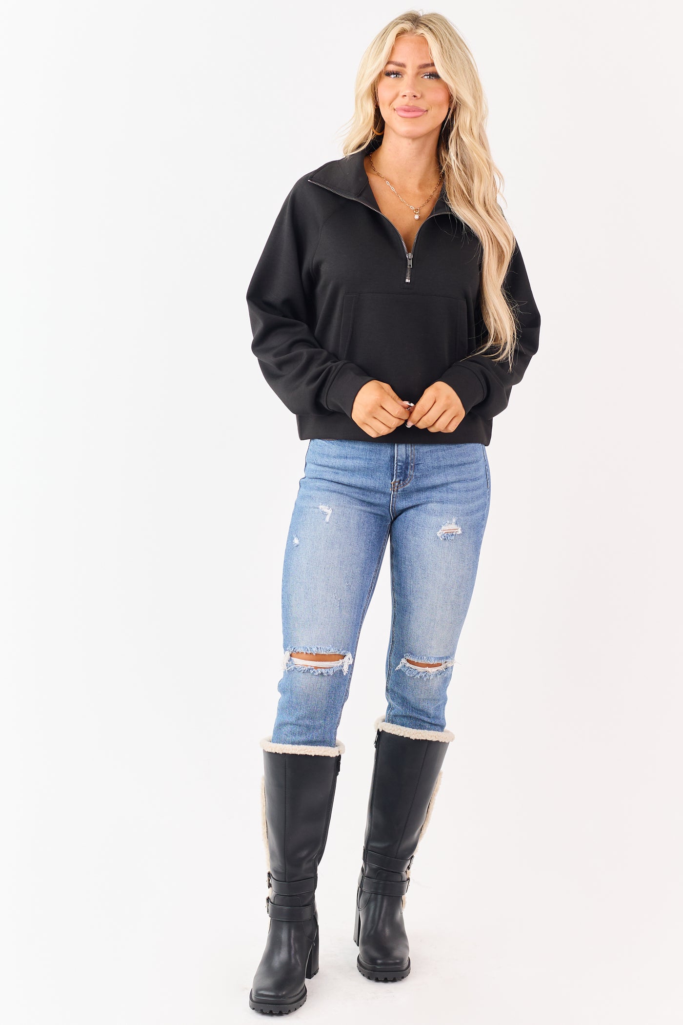 Black Scuba Knit Pullover Sweatshirt