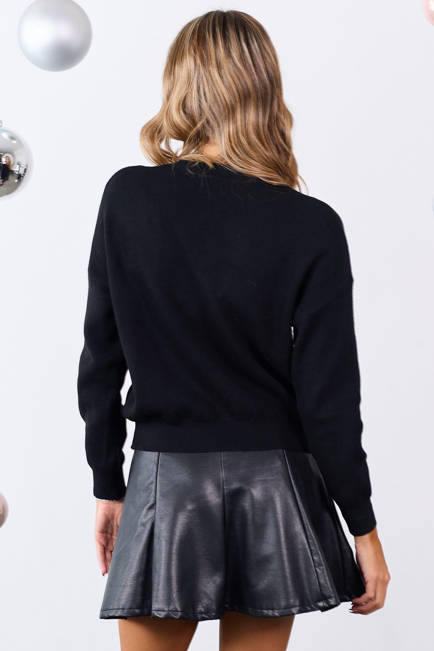 Black Sequin Bow Graphic Knit Sweater