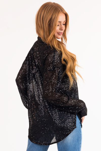 Black Sequin Button Down Long Sleeve Top