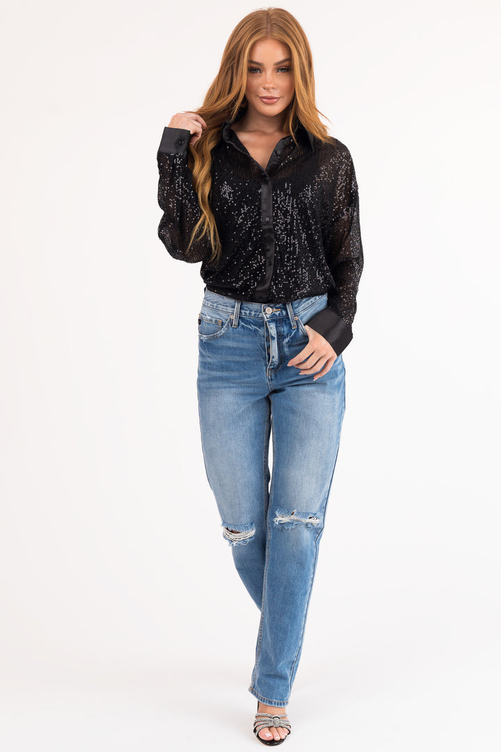 Black Sequin Button Down Long Sleeve Top