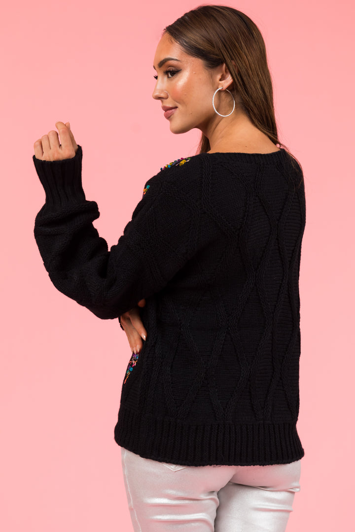 Black Sequin Detail Long Sleeve Knit Sweater