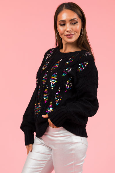 Black Sequin Detail Long Sleeve Knit Sweater