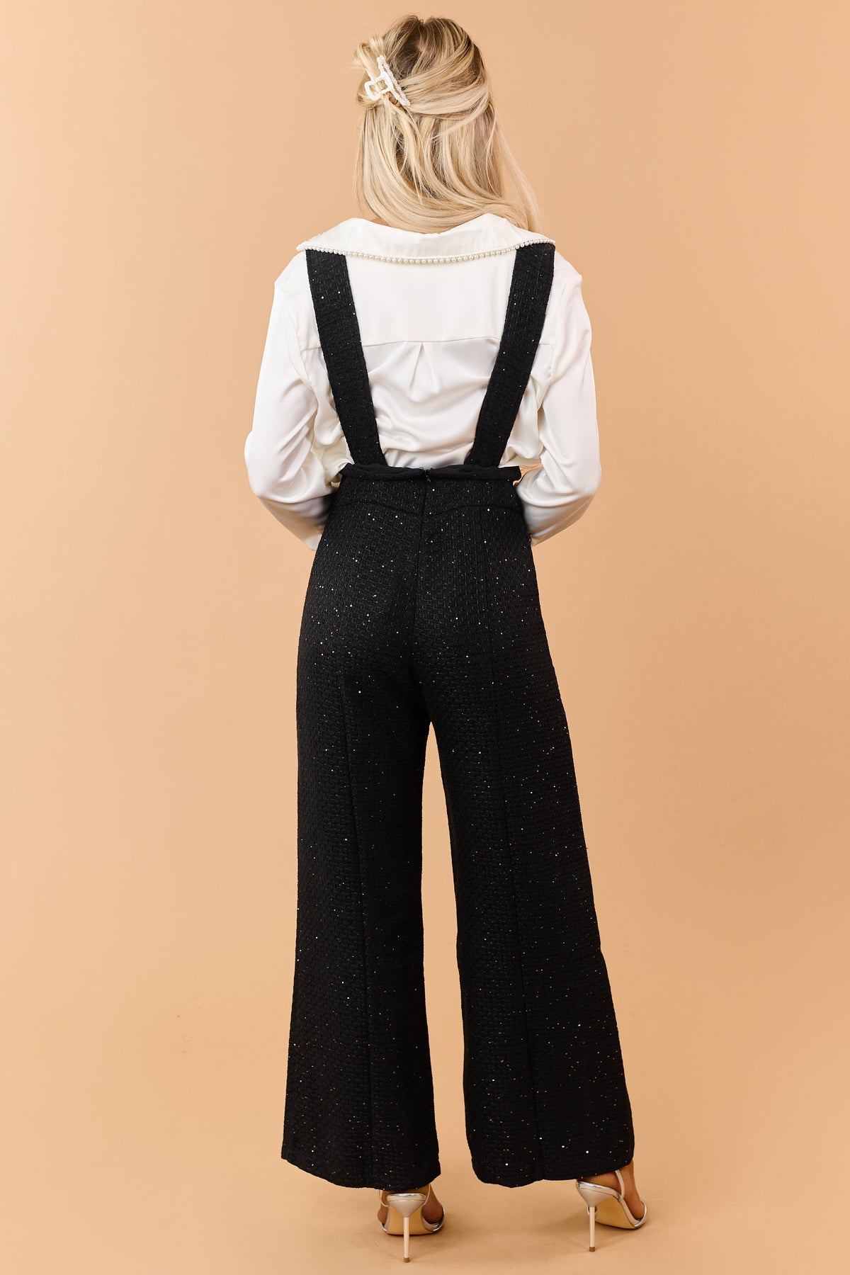 Black Sequin Detail Wide Leg Tweed Overalls