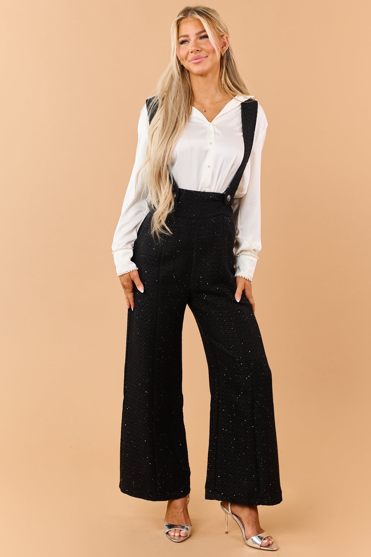 Black Sequin Detail Wide Leg Tweed Overalls