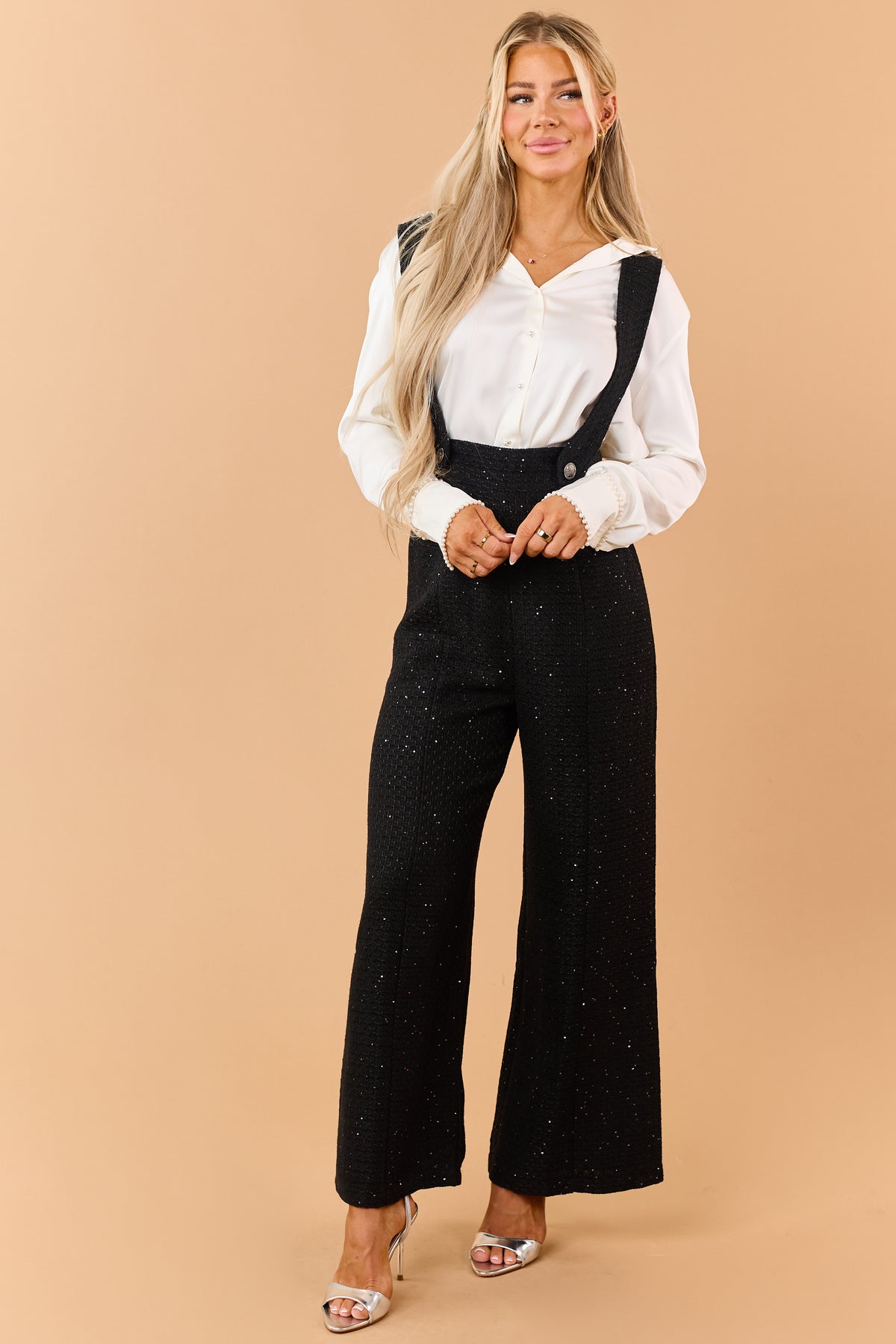 Black Sequin Detail Wide Leg Tweed Overalls