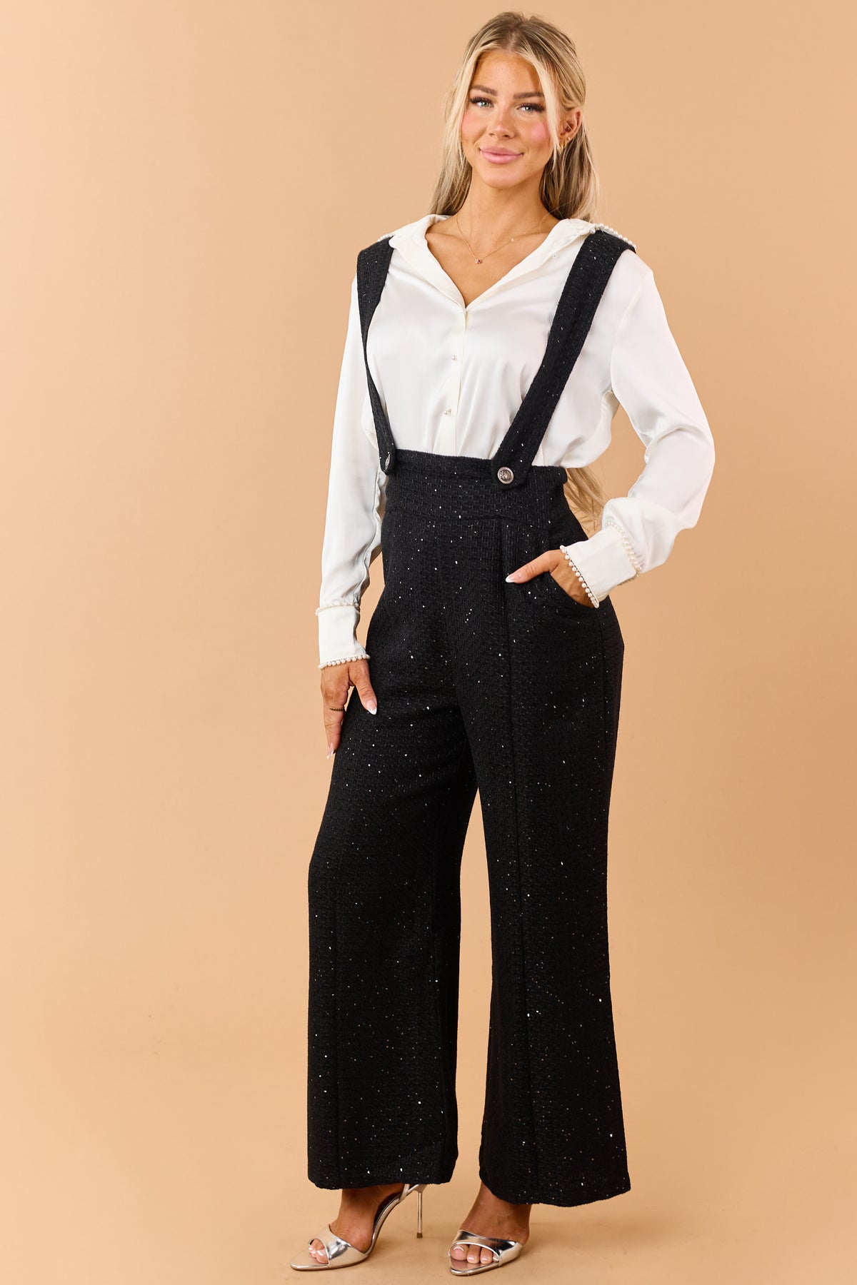 Black Sequin Detail Wide Leg Tweed Overalls