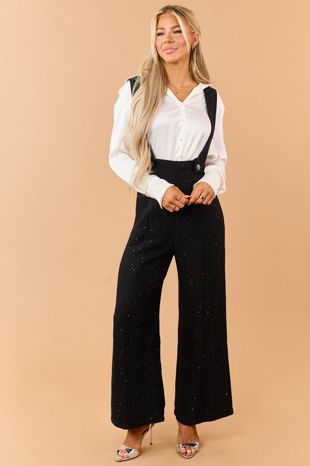 Black Sequin Detail Wide Leg Tweed Overalls