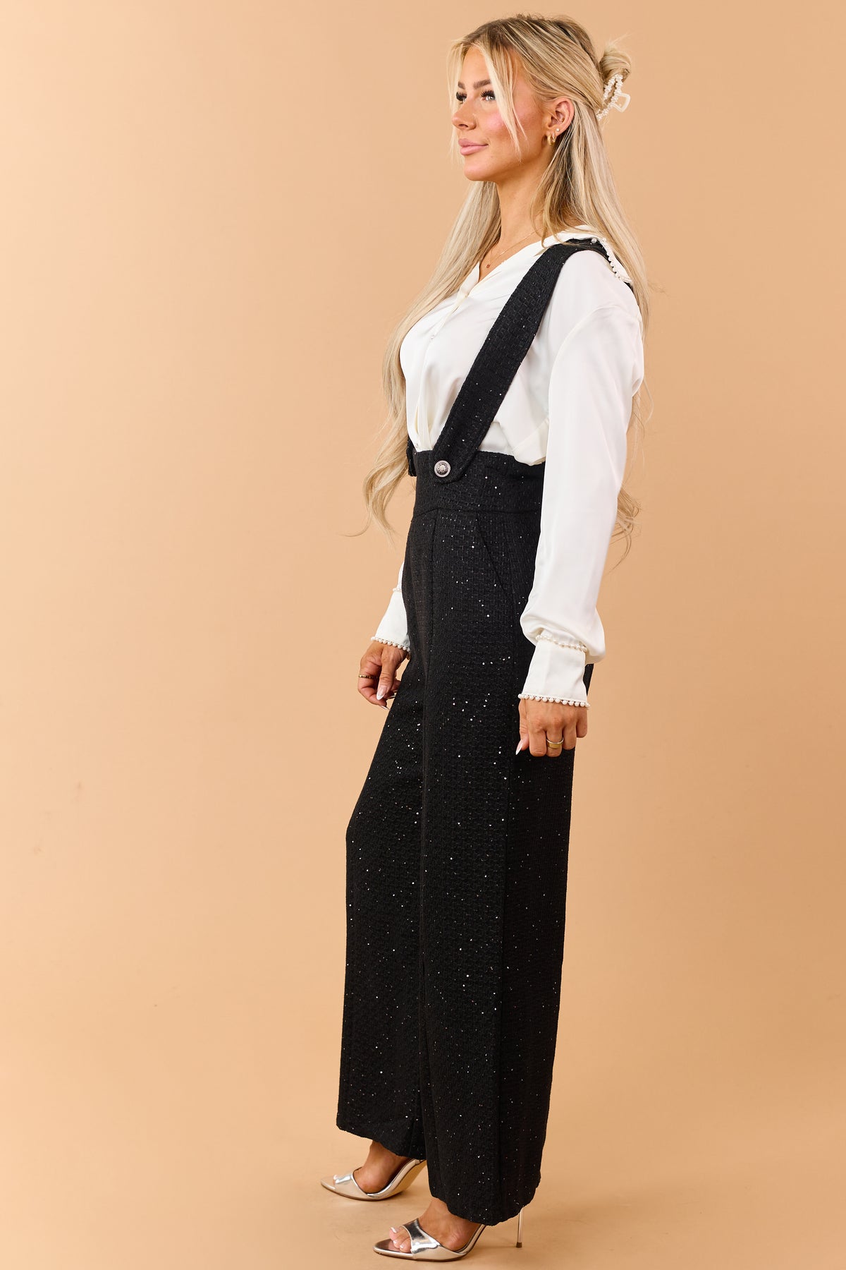 Black Sequin Detail Wide Leg Tweed Overalls