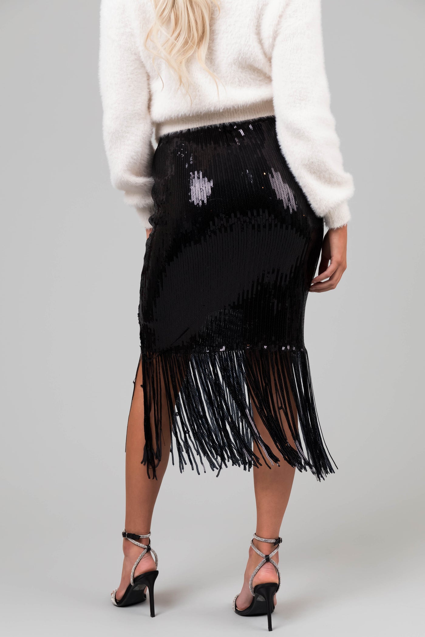 Black Sequin Fringe Hemline Midi Skirt
