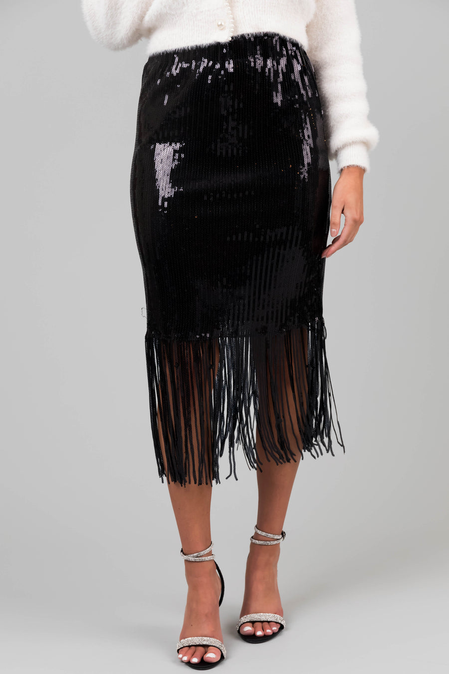 Black Sequin Fringe Hemline Midi Skirt