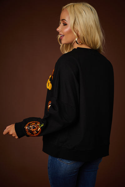 Black Sequin Pumpkin Graphic Sweatshirt