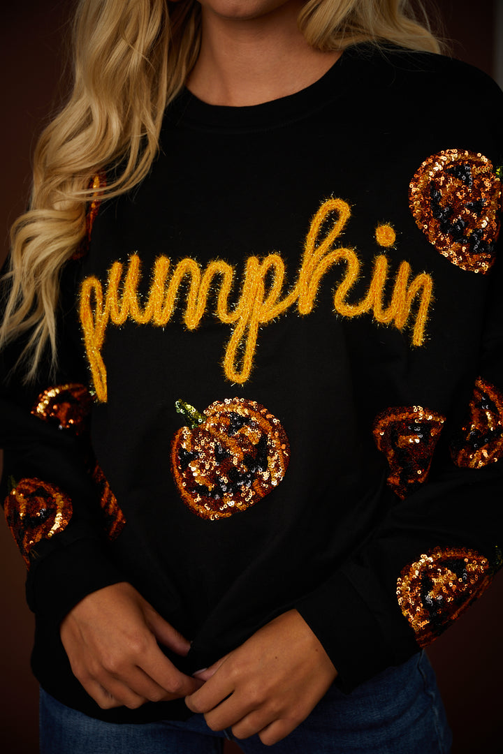 Black Sequin Pumpkin Graphic Sweatshirt
