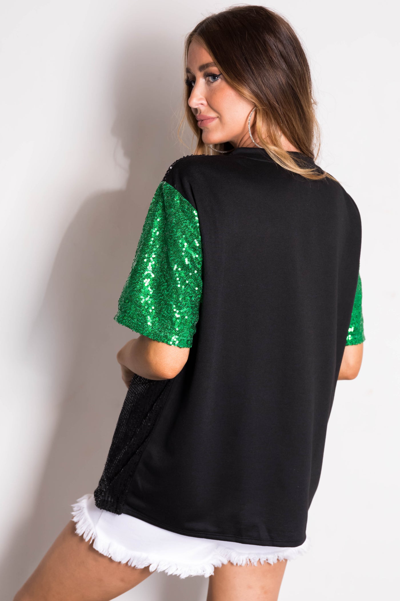 Black Sequined Clover Graphic Half Sleeve Top