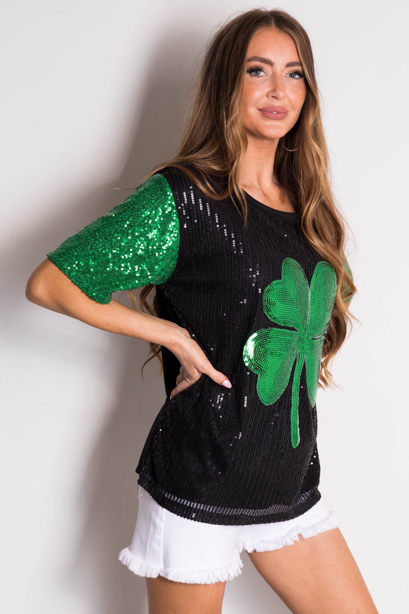 Black Sequined Clover Graphic Half Sleeve Top